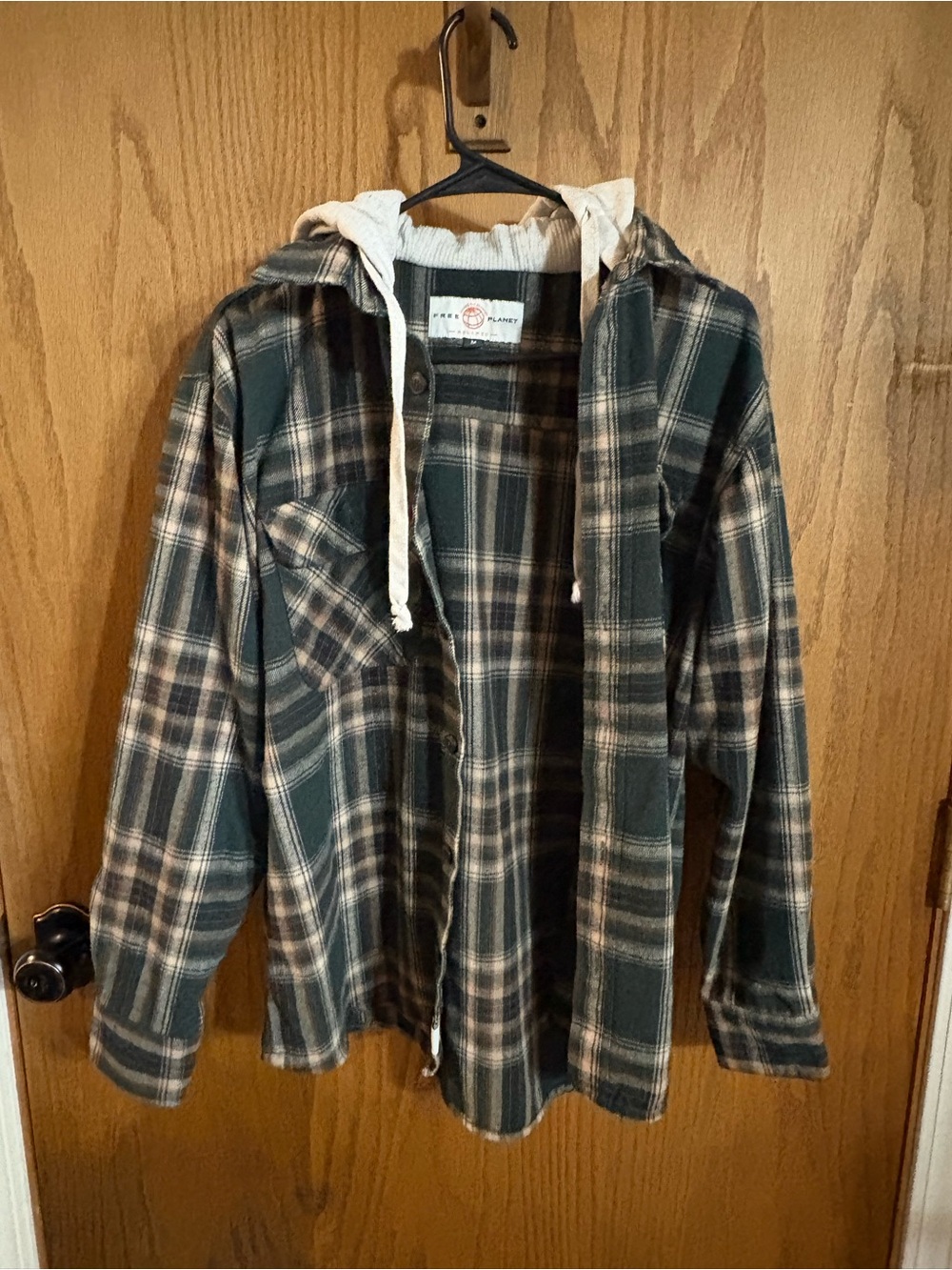 Free Planet Green and Cream Plaid Hooded Shirt Jacket